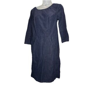 Boden Women's Sz US 6L Corduroy Shift Dress Navy Blue 3/4 Sleeves Pockets Casual